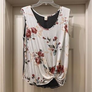 7th Ray White Floral Twist-Front Tank with Rose Print
